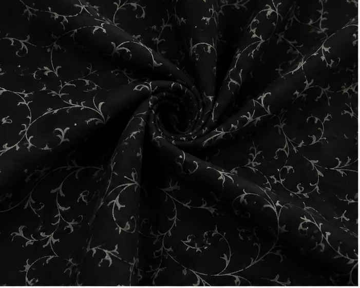 Black Floral Vine Printed Cotton Fabric texture