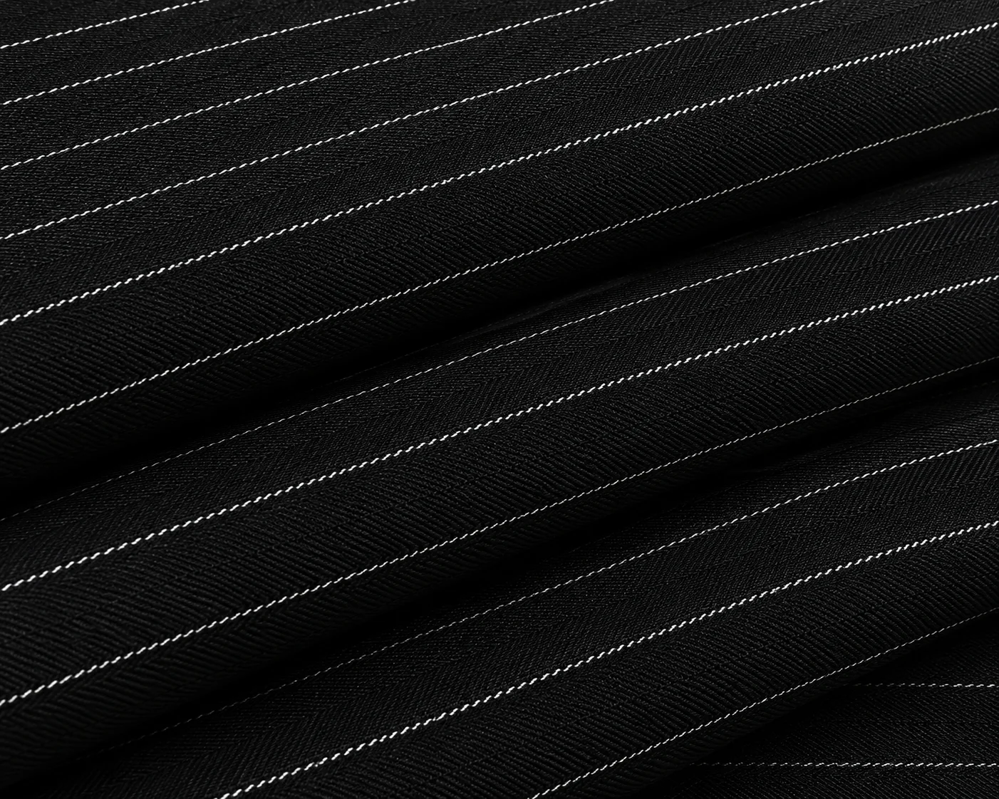 Black Pinstripe Herringbone Suiting Fabric Drape
