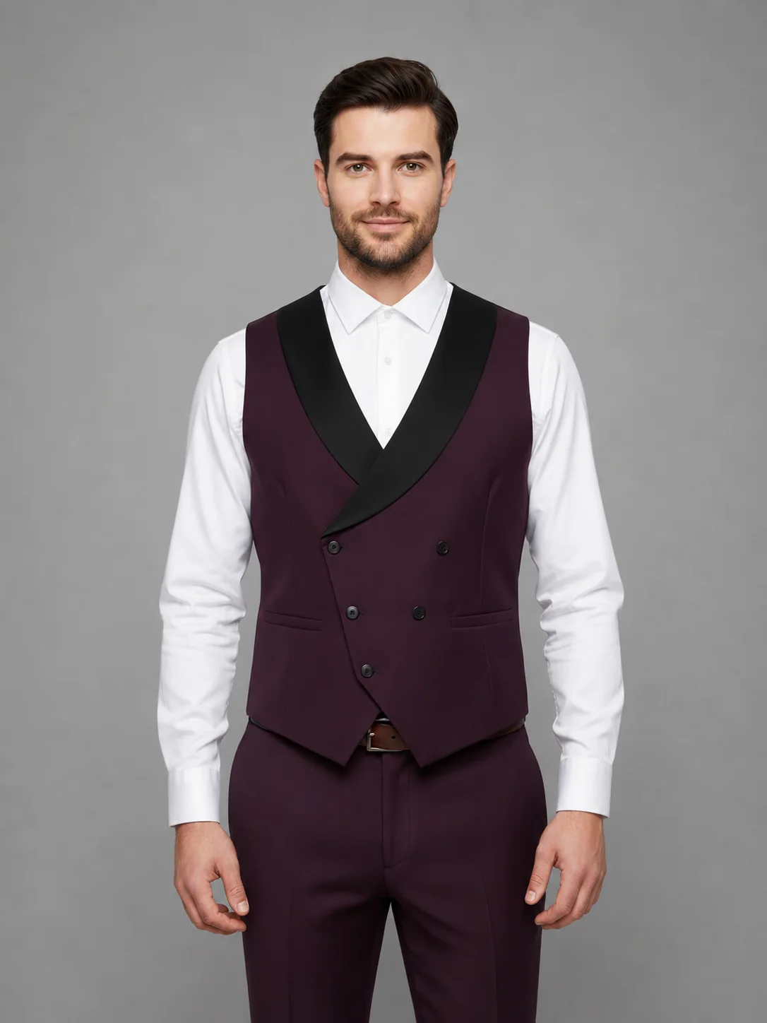 Burgundy Royale Double-Breasted Vest Coat overview