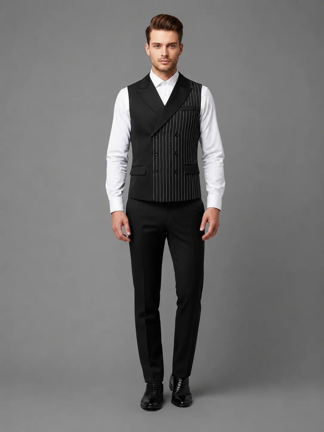 Noir Prestige Pinstripe Vest Coat front