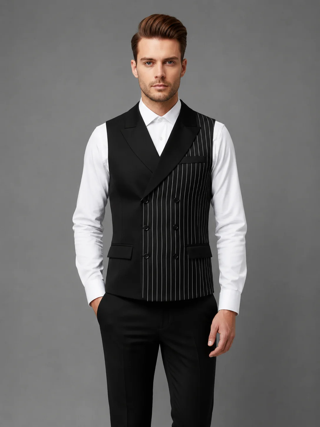 Noir Prestige Pinstripe Vest Coat overview