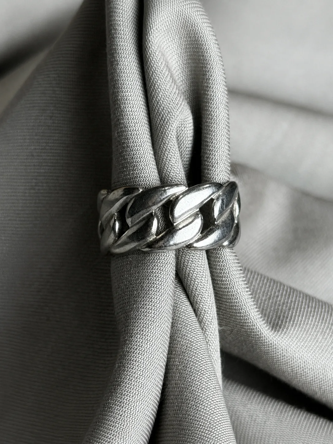 Chunky Cuban Chain Adjustable Ring – Silver Finish overview