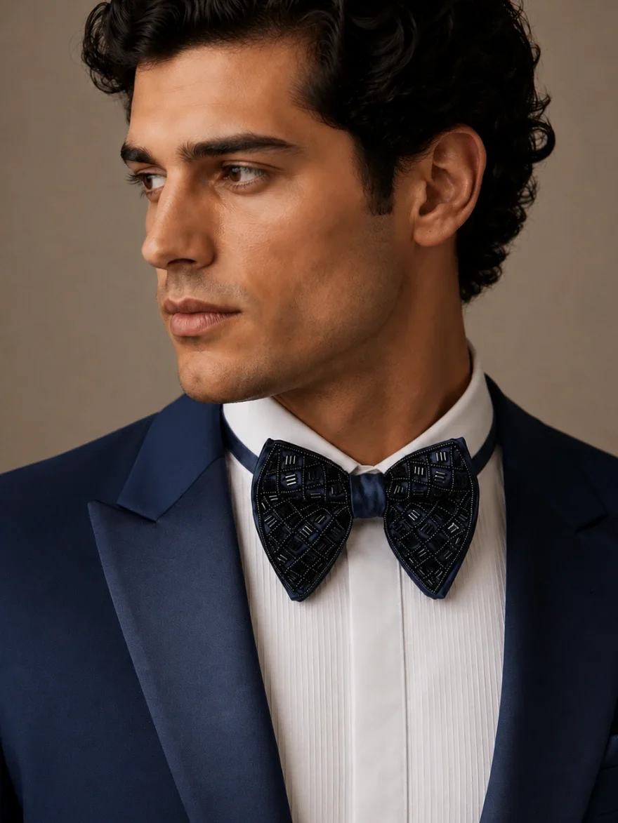 Luxury Hand-Beaded Midnight Blue Bow Tie front