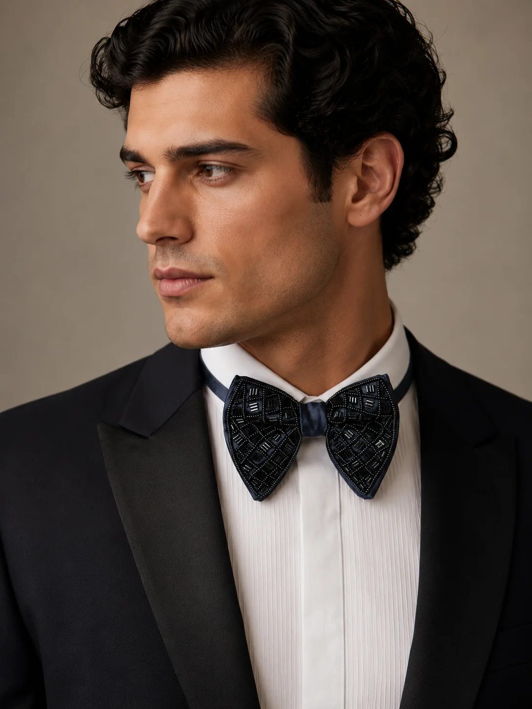 Luxury Hand-Beaded Midnight Blue Bow Tie front