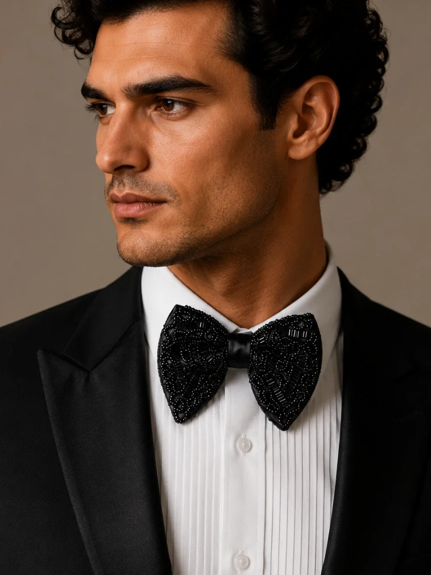 Noir Royale Hand-Embroidered Beaded Bow Tie front