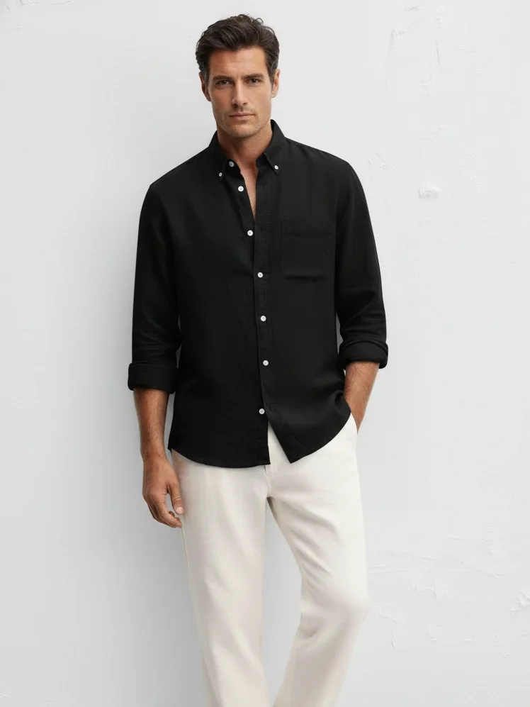 Premium Linen Mandarin Collar Shirt Front