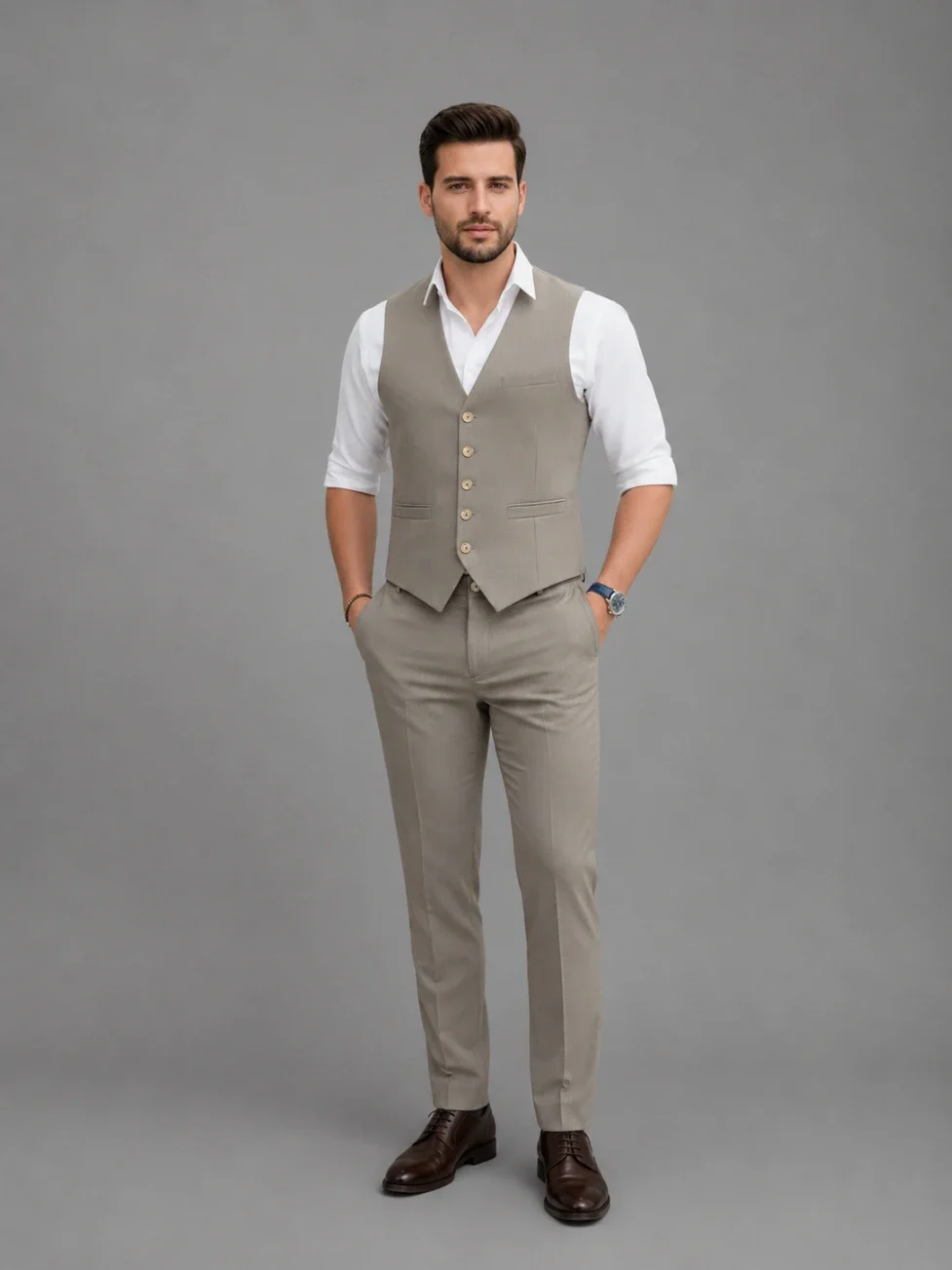 Premium Beige Tailored Vest Coat front