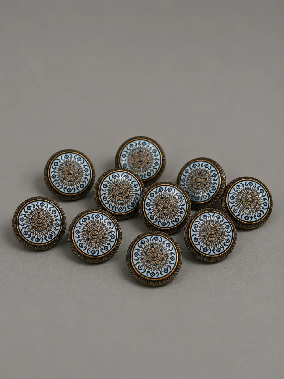 Vintage Mandala Enamel Metal Button – Ivory & Antique Gold Finish front